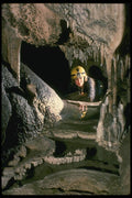 194022 Caver Peers Over Rimstone Pools, Crystal Sequoia Cave, CA A4 Photo Print