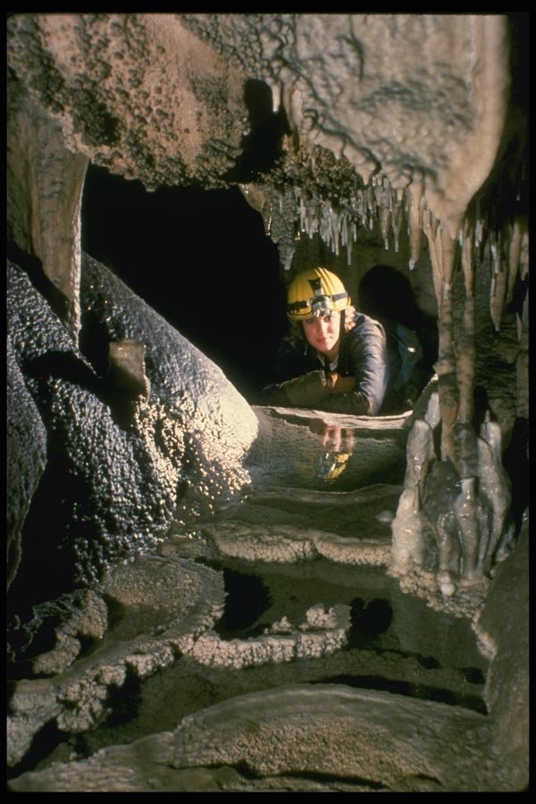 194022 Caver Peers Over Rimstone Pools, Crystal Sequoia Cave, CA A4 Photo Print