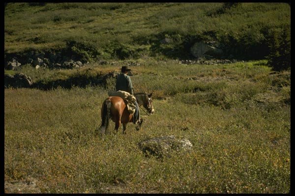 195032 Horseman Picks His Way Through Lovely Mountain Valley A4 Photo Print