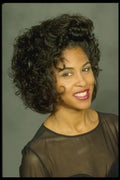 198015 Black Model Wearing Net Top, Big Smile, Eyes Left A4 Photo Print