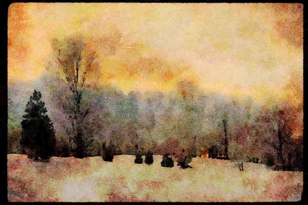 199069 Trees And Snowy Hill At Sunset, Quebec A4 Limited Edition Watercolour Print