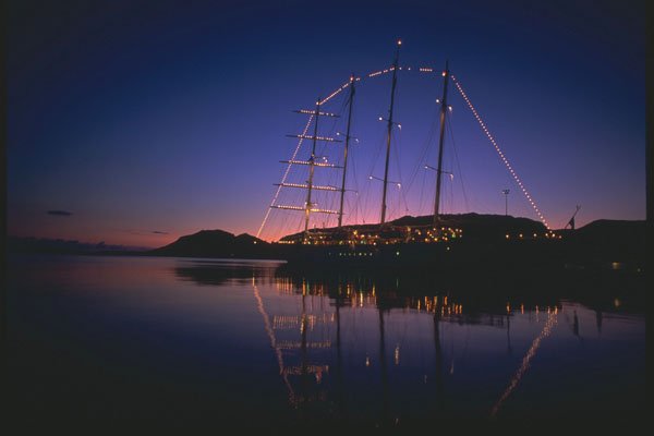 204077 Star Clipper Rigging Aglow With Tiny Lights, Porto Vecchio A4 Photo Print