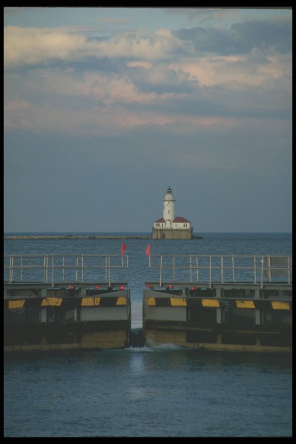 212035 Chicago River Harbor Locks And Lighthouse A4 Photo Print