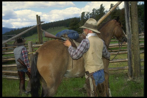 220061 Cowboy Placing Winchester Rifle In Saddle Scabbard A4 Photo Print