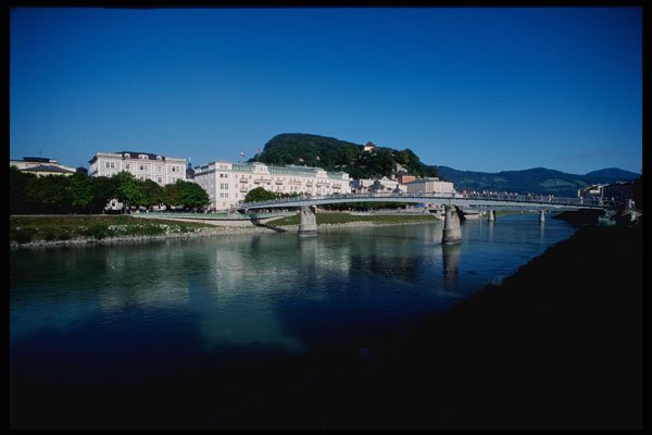 222079 Salzburg's River Salzach And Its Pedestrian Bridge A4 Photo Print