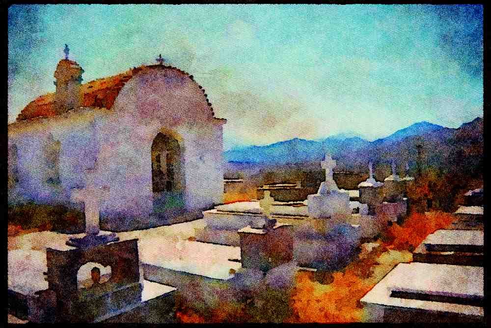 227011 Cemetery, Island Of Crete A4 Limited Edition Watercolour Print