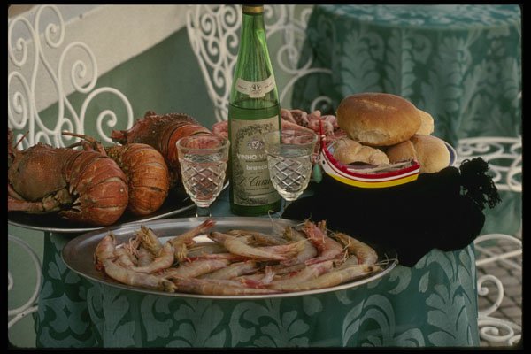 256066 Fishing Bounty With Wine And Bread A4 Photo Print