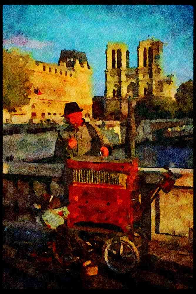 281024 Organ Grinder On The Seine A4 Limited Edition Watercolour Print