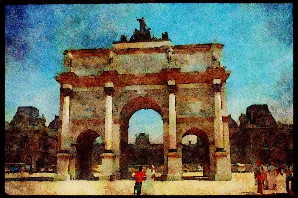 281026 The Arche De Triomphe Carousel At The Gardens A4 Limited Edition Watercolour Print