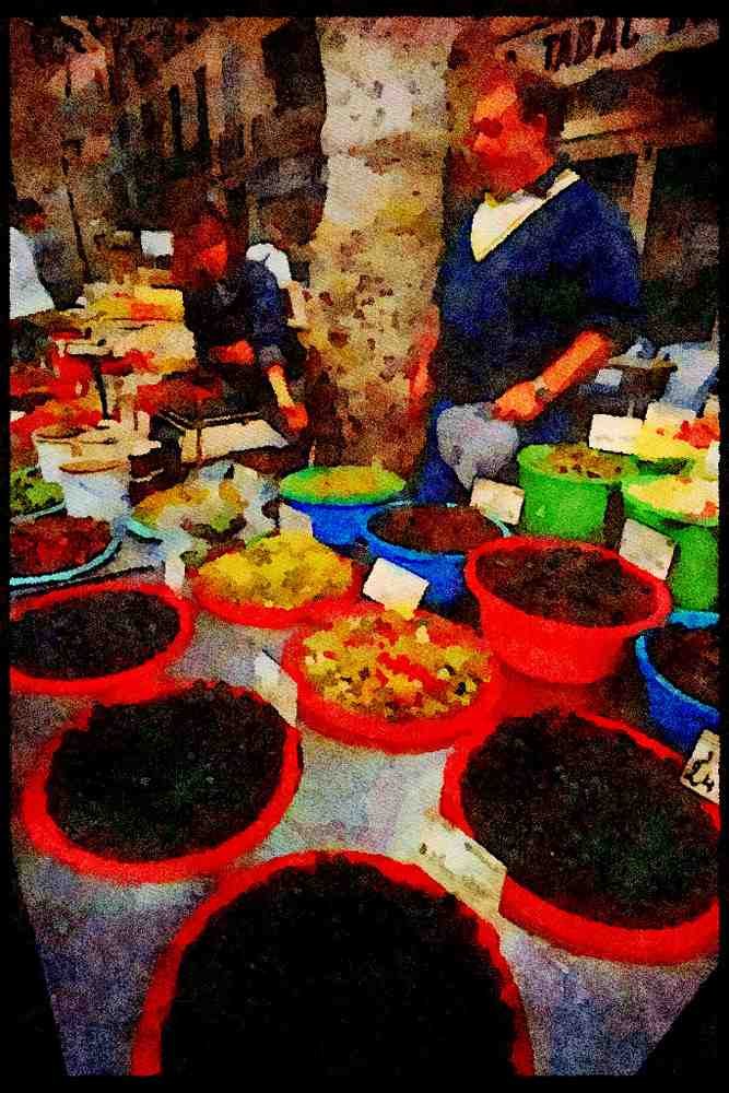 281078 Food Market Isle sur Sorge A4 Limited Edition Watercolour Print