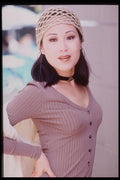 302036 Sand Ribbed Top And Crocheted Hat A4 Photo Print