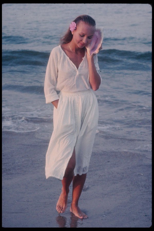 302090 White Dress, Holding Shell A4 Photo Print