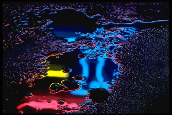 313053 Red, Blue, Yellow Neon Light Reflected In Rain Water A4 Photo Print