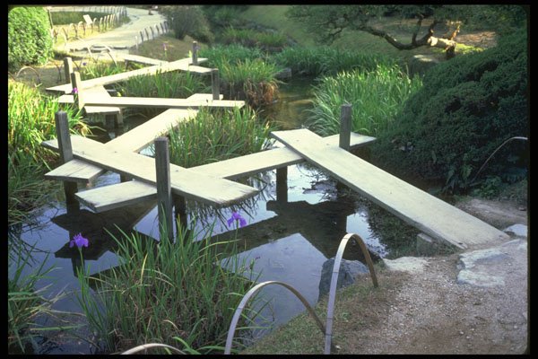 334009 Okayama zig zag Bridge And Irises A4 Photo Print