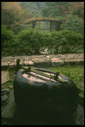 334099 Kyoto Katsura Palace, Basin And Moss Covered Bridge A4 Photo Print