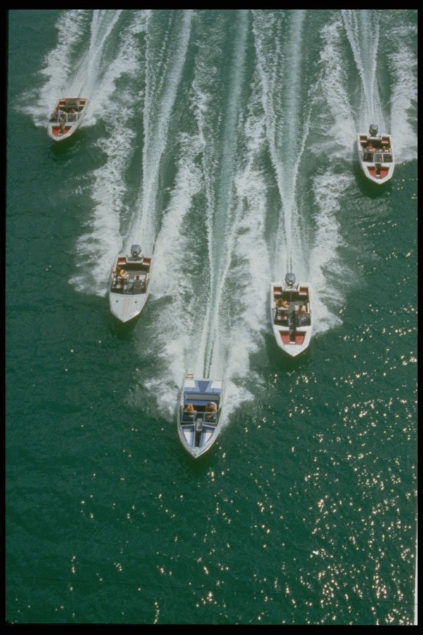 370009 Five Boats Driving In Formation, Shot From A Helicopter A4 Photo Print