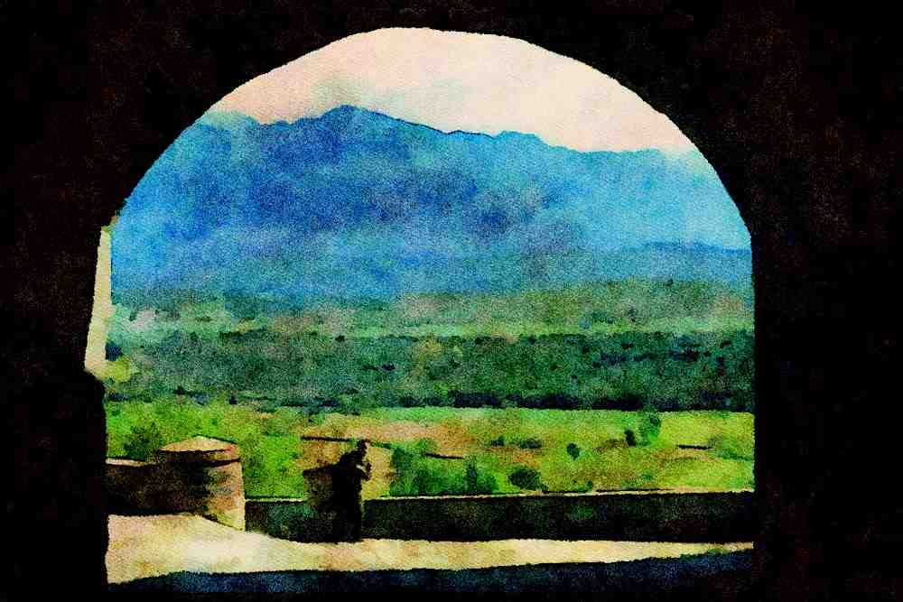 379016 Landscape, View Of Pyrenees From Ainsa A4 Limited Edition Watercolour Print