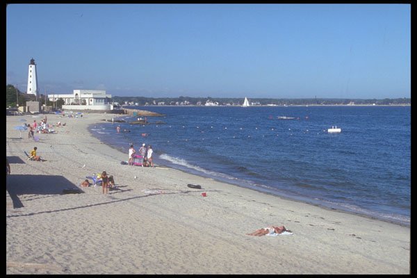 384059 Beach And New London Lighthouse, Conneticutt A4 Photo Print