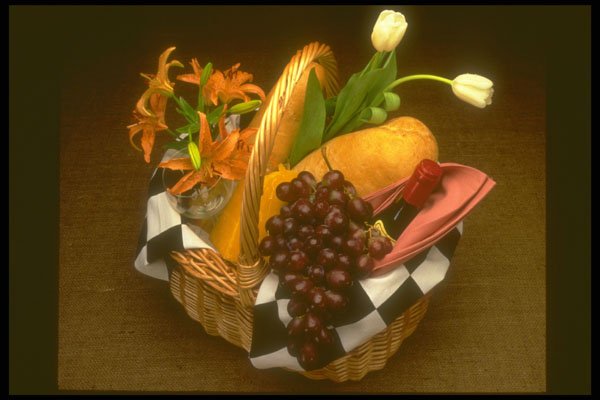 386048 Picnic Basket With Wine, Cheese, Bread And Flowers A4 Photo Print