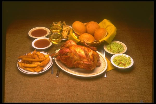 386059 Whole Chicken, Fries, Coleslaw And White Wine A4 Photo Print