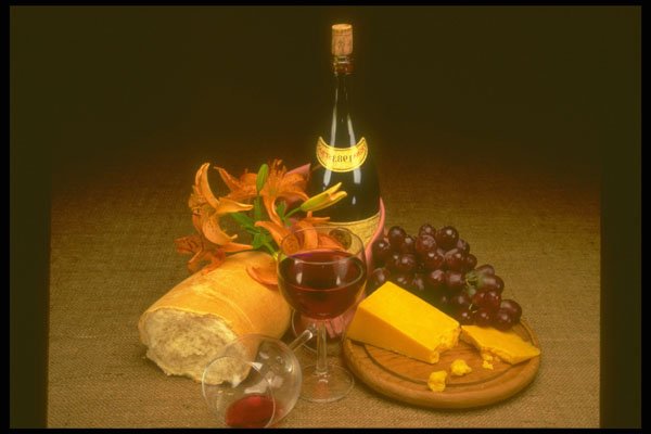 386060 Bottle Of Red Wine, Grapes, Bread, Cheese And Flowers A4 Photo Print