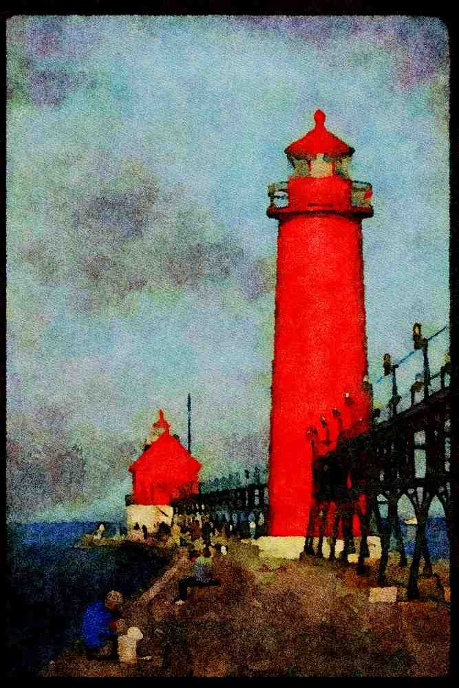 387085 _Big Red_, Grand Haven South Pier, Grand Haven, Michigan A4 Limited Edition Watercolour Print