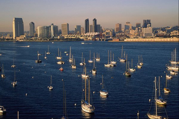 438002 Anchored Boats And Skyline From Coronado Bridge A4 Photo Print
