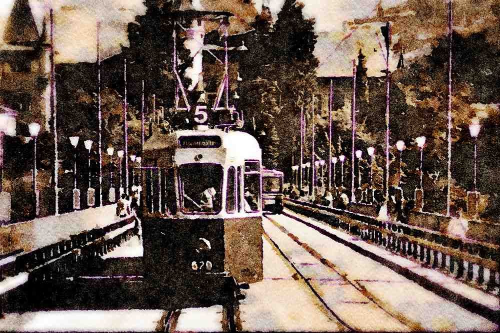439005 Trams Crossing The Kirchenfeidbrucke Bridge A4 Limited Edition Watercolour Print