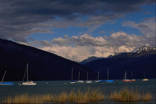 439019 Sailboats On Lake Thun Set Against The Stormy Alps A4 Photo Print