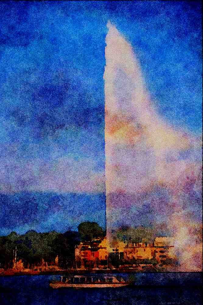 439023 Motor Launch Ferries Passengers Past The Jet D'Eau A4 Limited Edition Watercolour Print