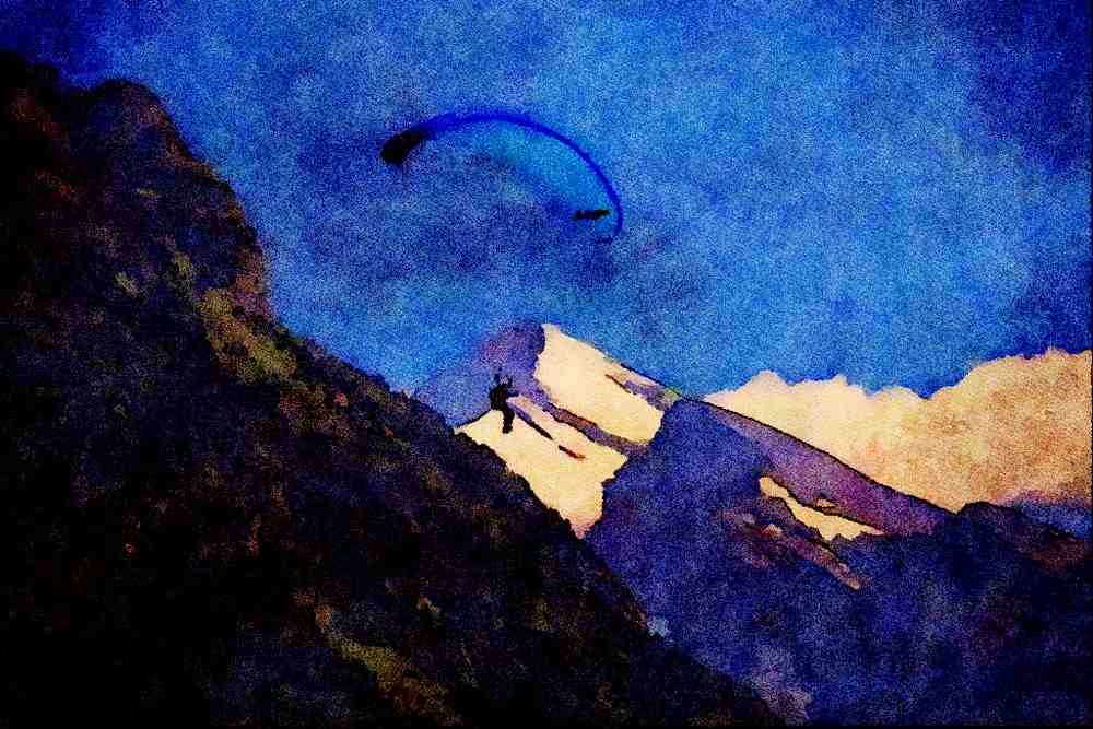 439038 Paragliding In The Bernese Alps A4 Limited Edition Watercolour Print