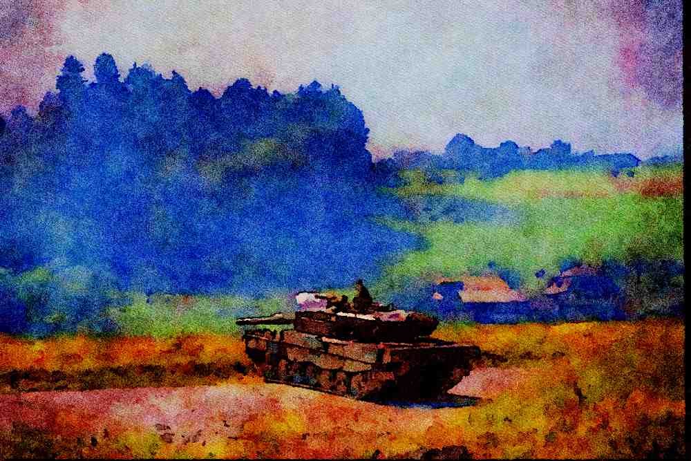 439043 Military Vehicles On Thun Base A4 Limited Edition Watercolour Print