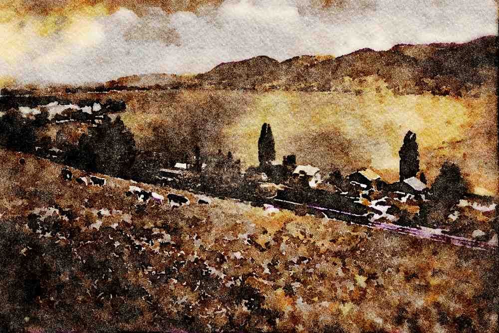 439046 Passenger Train Along Rail Line Above Lake Thun A4 Limited Edition Watercolour Print