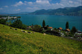 439046 Passenger Train Along Rail Line Above Lake Thun A4 Photo Print