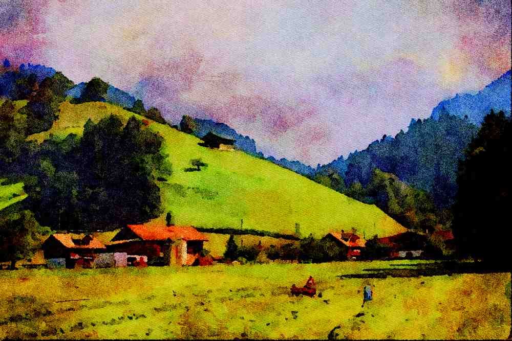 439057 Swiss Women Working In Hayfields Near Reichenbach A4 Limited Edition Watercolour Print