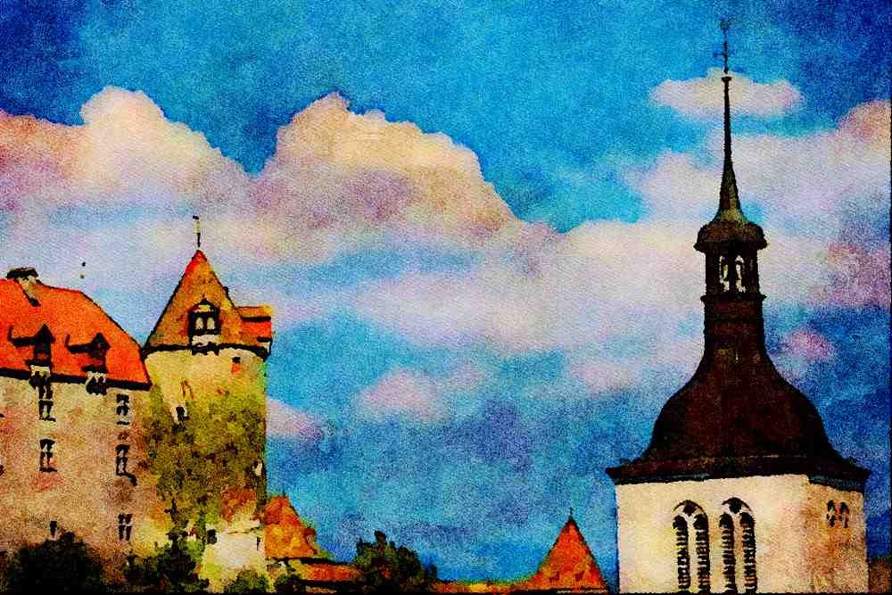 439061 Gruyere Castle And The Spire Of St. John's A4 Limited Edition Watercolour Print