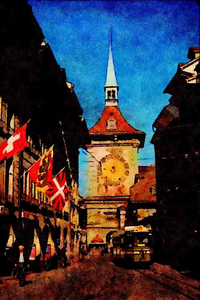 439070 The Clock Tower On The Kramgasse A4 Limited Edition Watercolour Print