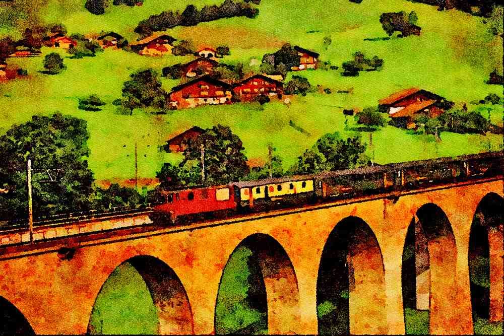 439071 Passenger Train Crosses High Bridge In Frutigen A4 Limited Edition Watercolour Print
