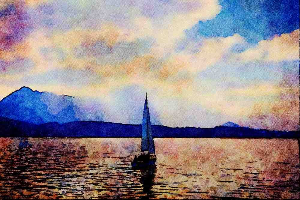 439079 Sailboat On Lake Thun Sails Towards The Stockhorn A4 Limited Edition Watercolour Print