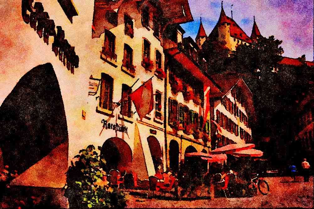 439080 Schloss Thun Above The Town Square A4 Limited Edition Watercolour Print