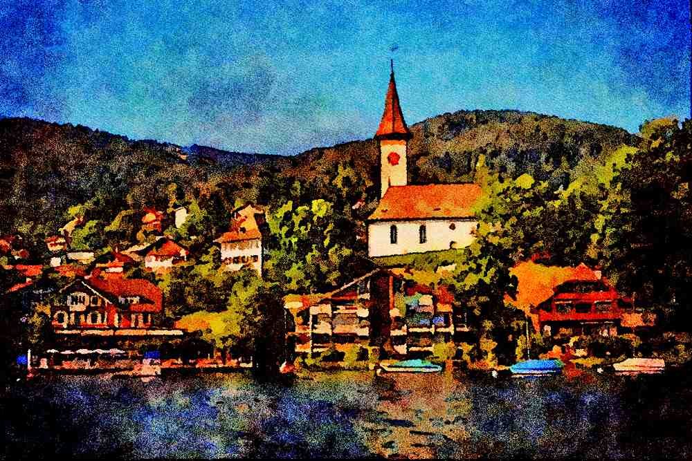 439082 Church At Hilterfingen Village On Lake Thun A4 Limited Edition Watercolour Print
