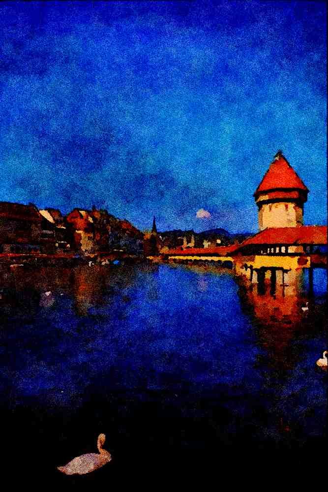 439095 View Of The Kappelbrucke, A Wooden Bridge A4 Limited Edition Watercolour Print