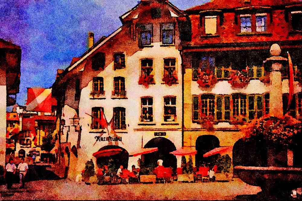 439097 Town Square, Rathausplatz, Thun A4 Limited Edition Watercolour Print