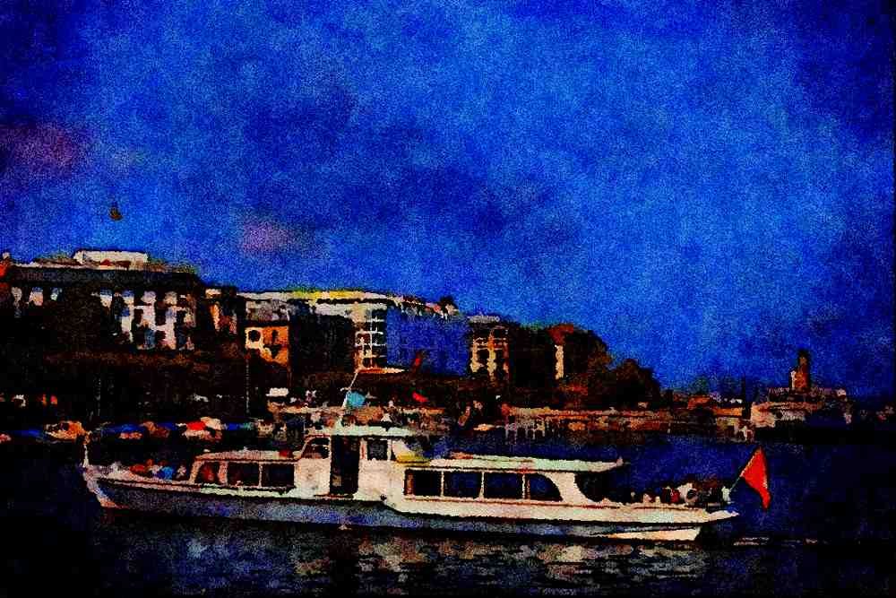 439098 Motor Launch Approaches The Quai Du Mont Blanc A4 Limited Edition Watercolour Print