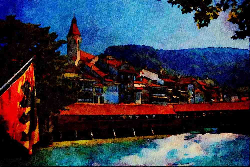 439099 View Of Stadtkirche, Parish Church And Thun A4 Limited Edition Watercolour Print