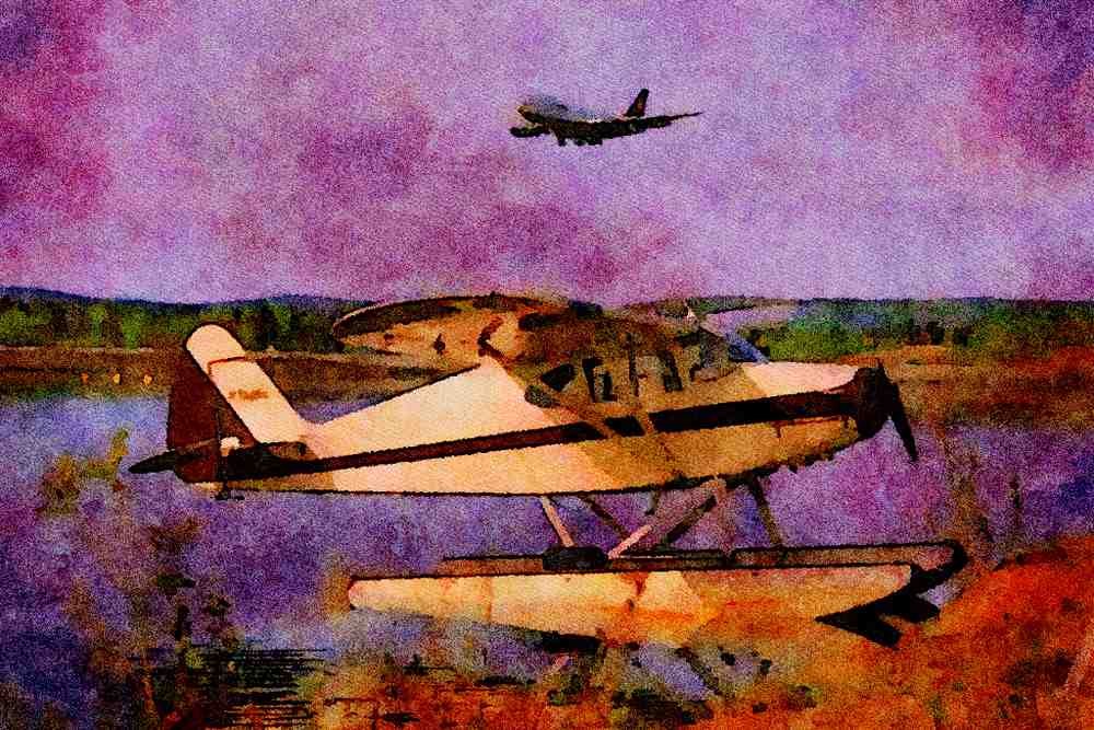 450085 Piper, PA 20 Pacer (foreground), Boeing 747 (background) A4 Limited Edition Watercolour Print