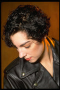 451000 Short Curly Bob, Brunette In Leather, Head Down A4 Photo Print