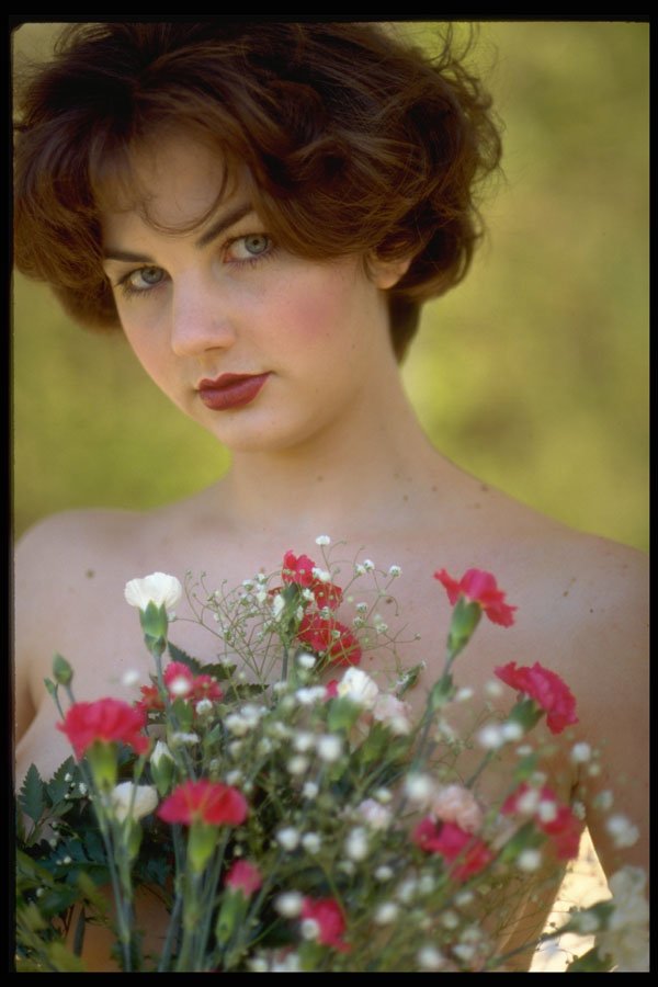 451007 Curly Short Bob, Model Covered In Flowers A4 Photo Print