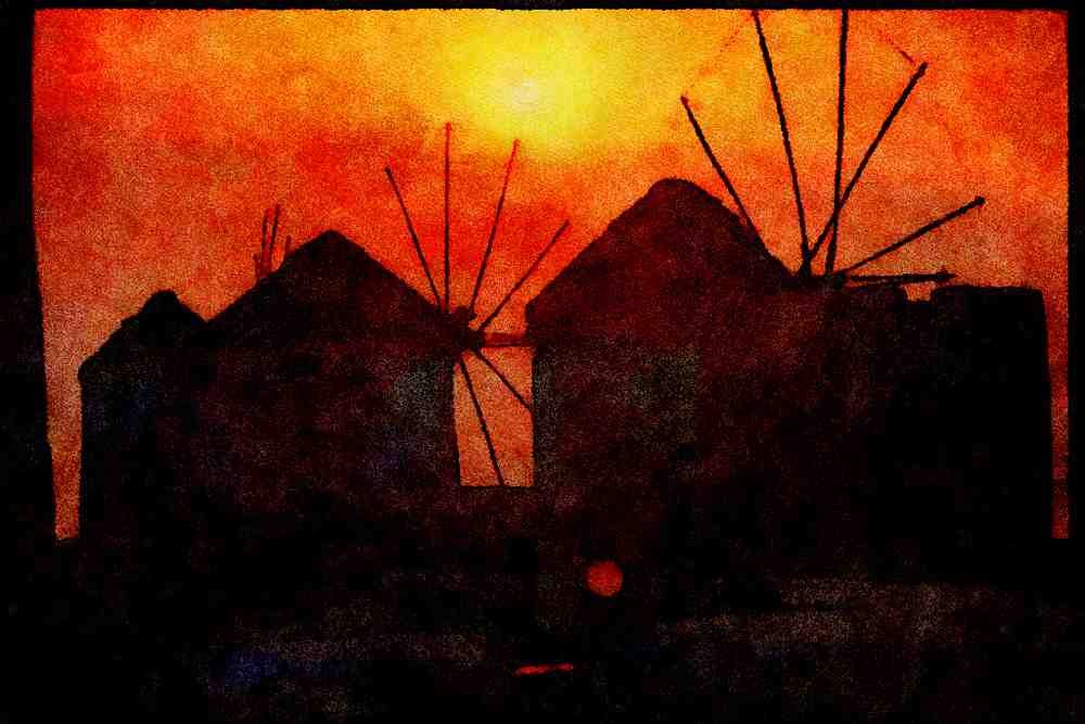 460027 The Three Windmills, Mikonos, Greece A4 Limited Edition Watercolour Print