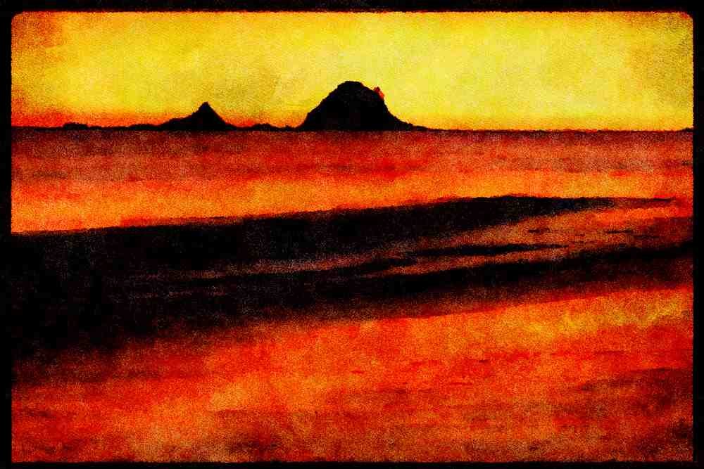 460034 Extinct Volcanoes At Sunrise, Coromandel Peninsula A4 Limited Edition Watercolour Print